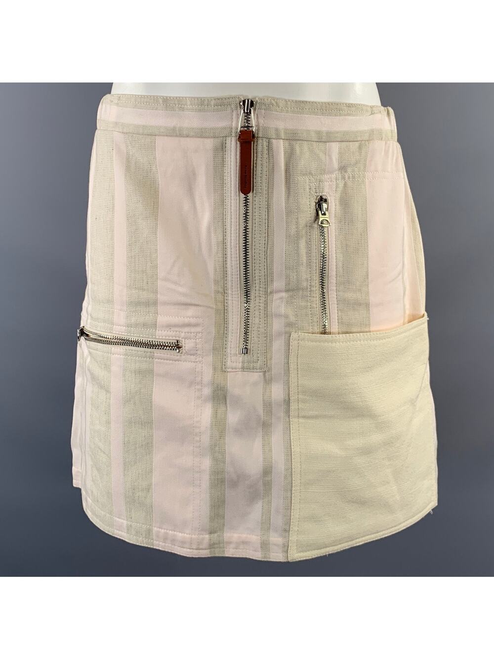 ACNE STUDIOS Size 8 Pink Olive Cotton Linen Stripe Mini Mini Skirt